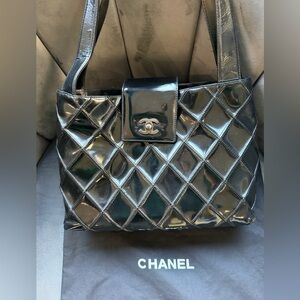 CHANEL Patent Quilted Shopper Tote with CC Turnlock Flap